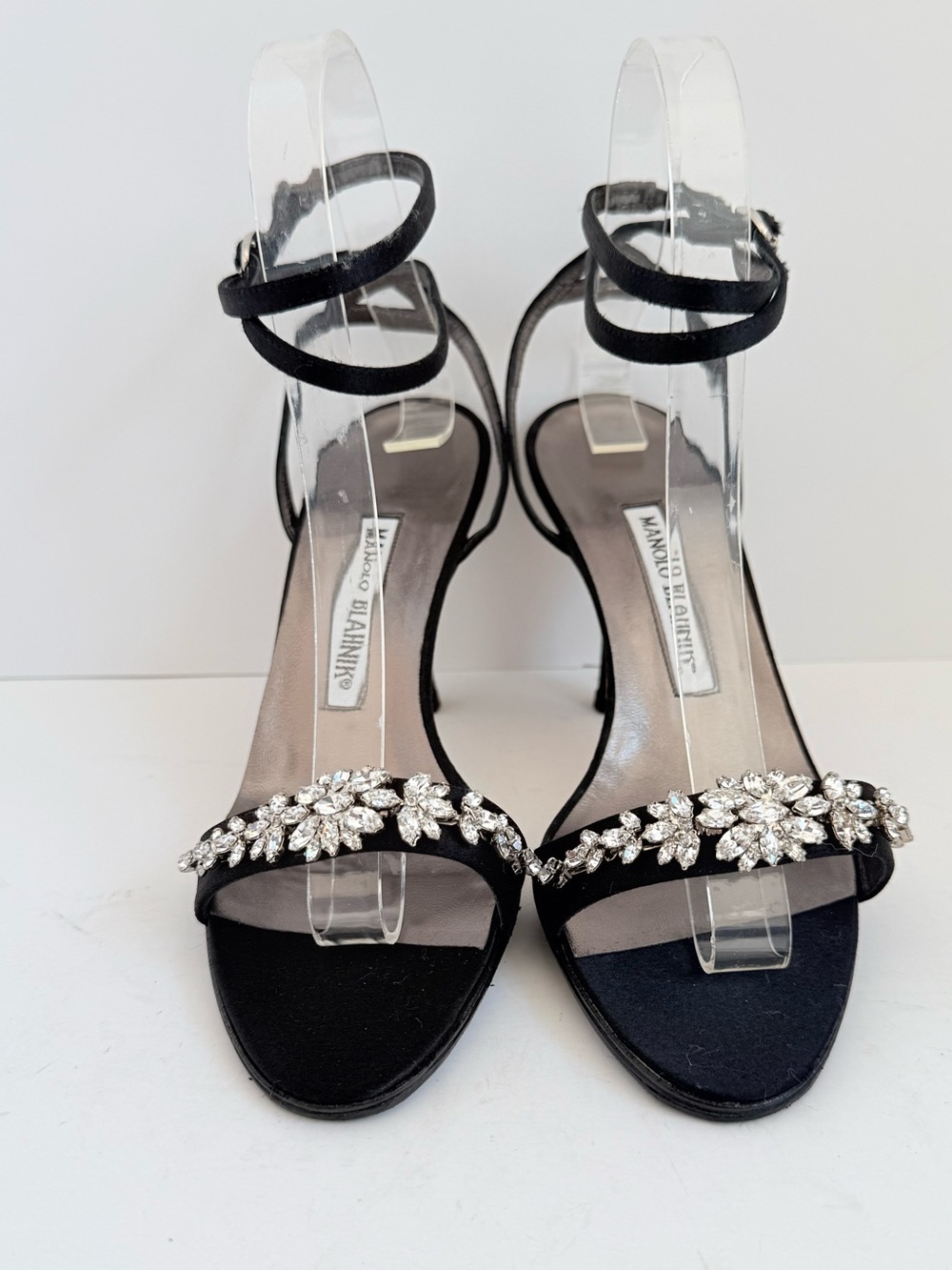 Manolo Blahnik Black Satin Crystal Rhinestone Evening Sandals Heels EU 37
